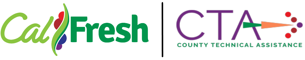 Text logo of CalFresh in various colors: light green, dark green, blue, purple, red, and orange. Text logo for County Technical Assistance featuring purple, orange, green, and red colors.